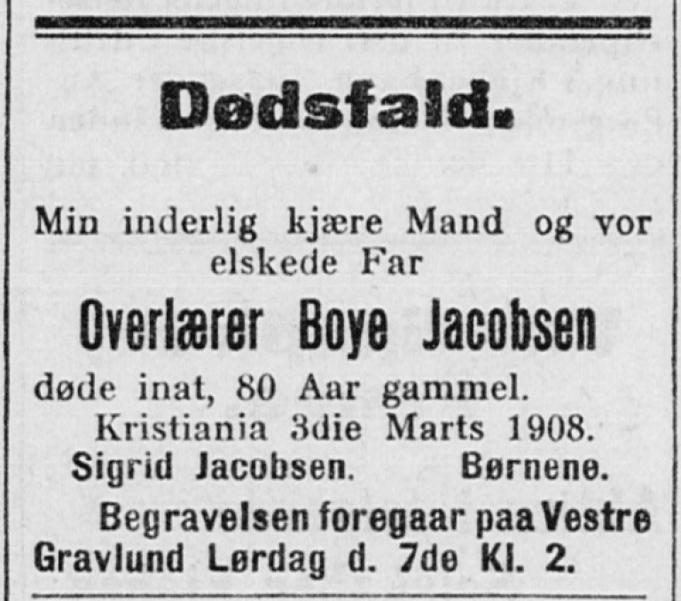 Utsnitt fra Morgenbladet 7. mars 1908 med dødsannonsen for overlærer Boye Jacobsen.