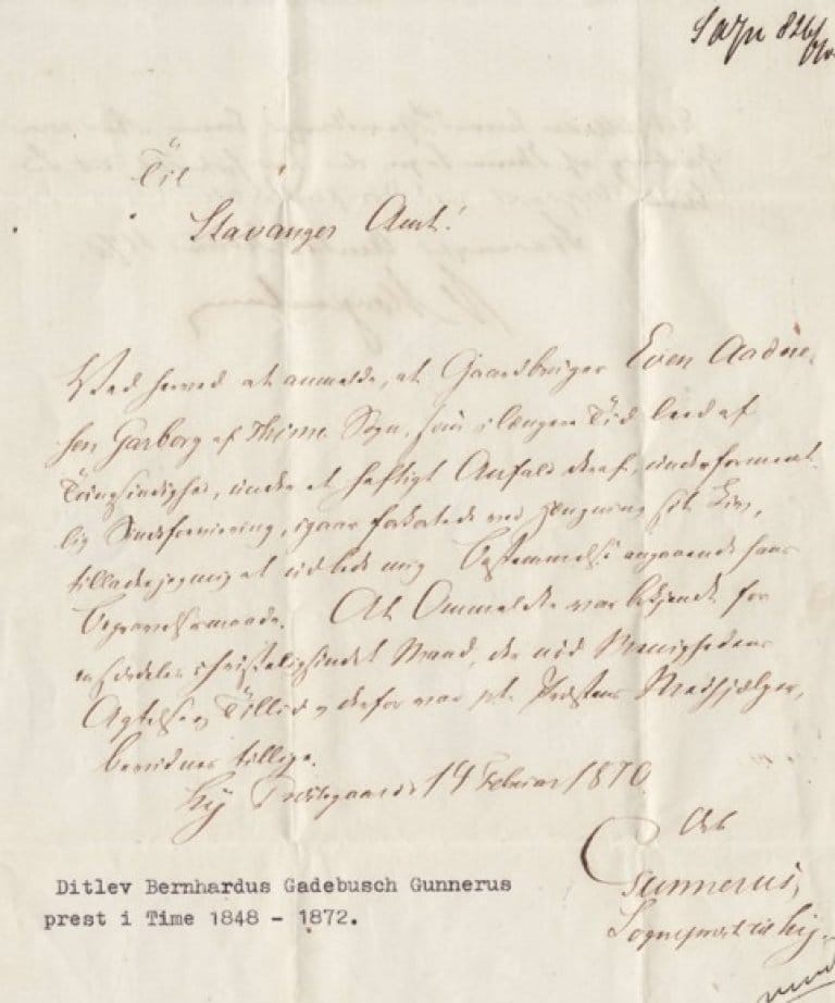 Brev frå sokneprest Gunnerus til amtmann Morgenstierne 14. februar 1870, med svar om gravferdspraksis for Eivind Garborg.