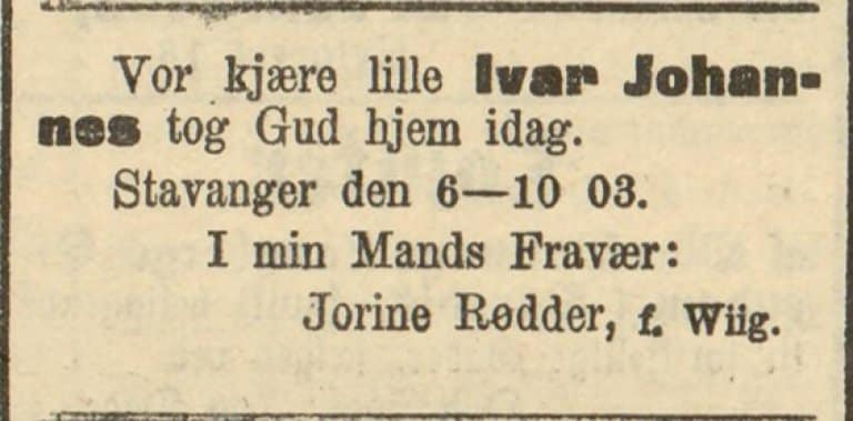 Dødsannonse for Ivar Johannes, Stavanger Aftenblad 6. oktober 1903.