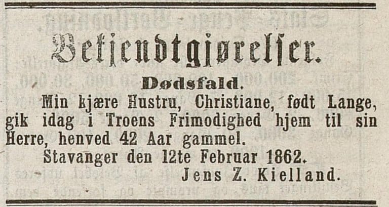 Dødsannonse for Christiane Kielland, trykt i Stavanger Amtstidende og Adresseavis 12. februar 1862. Annonsen meddeler at hun døde samme dag, 42 år gammel.