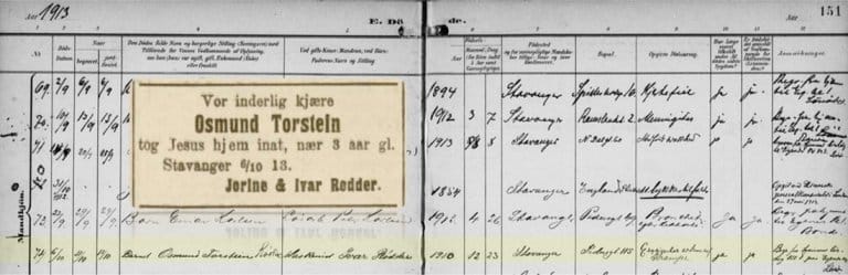 Fotomontasje av kirkebok og dødsannonse for Osmund Torstein, 1913.