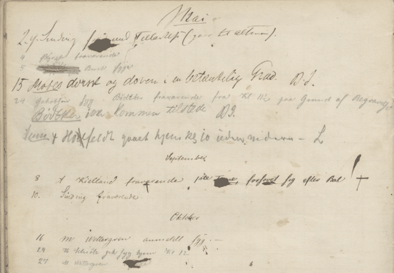 Utsnitt fra en klassejournal for mai, september og oktober 1866 med lærernes notater, blant annet en merknad om at Alexander Kielland i september kom for sent etter å ha forsovet seg etter et ball.