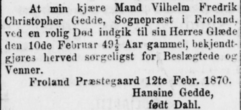 Utsnitt fra Morgenbladet 17. februar 1870 med dødsnotisen om sogneprest Vilhelm Fredrik Christopher Gedde.