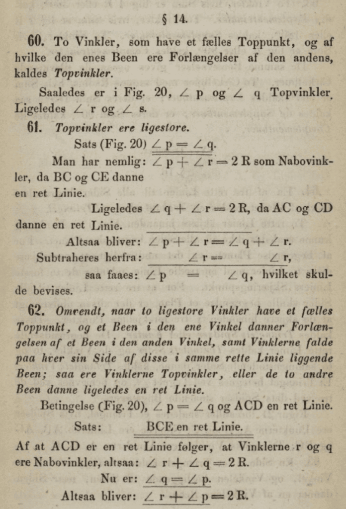 Utsnitt fra Brochs «Lærebog i Plangeometrien» fra 1860 med oppgaver om vinkler.