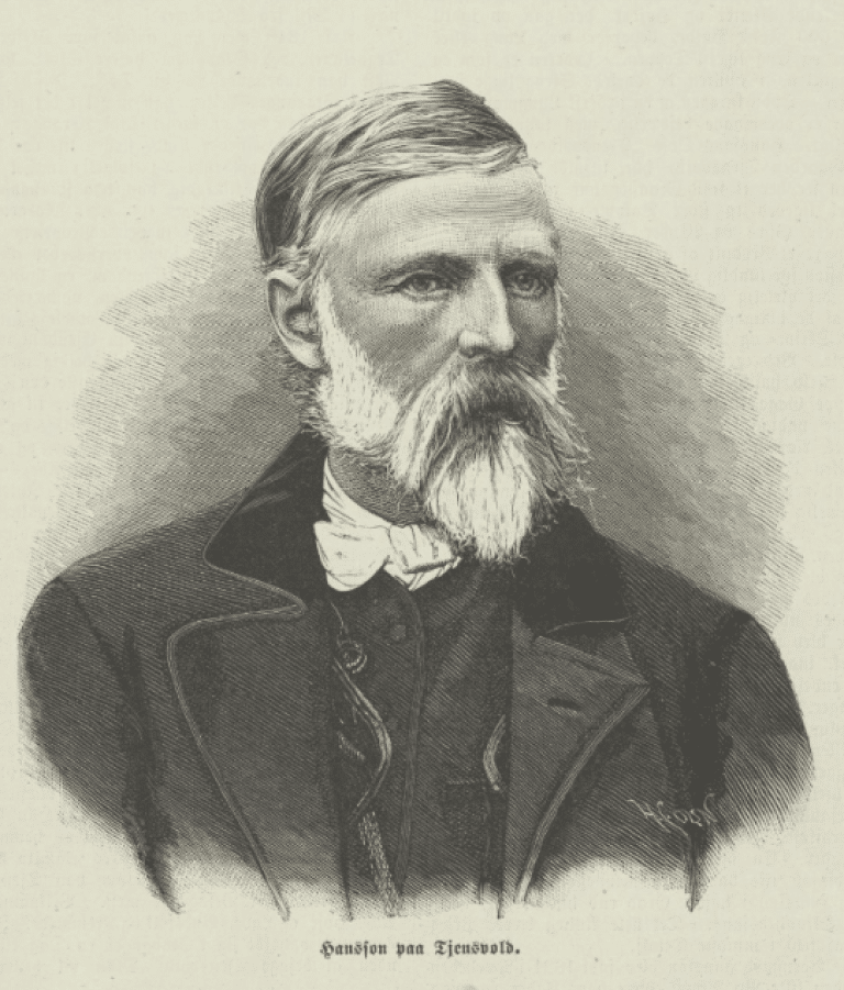Tegningen av Hansson på Tjensvold, er hentet fra Skilling‑Magasin til Udbredelse af almennyttige Kundskaber, nr. 19, 12. mai 1883, hvor det stod to minneord om Hansson på trykk.