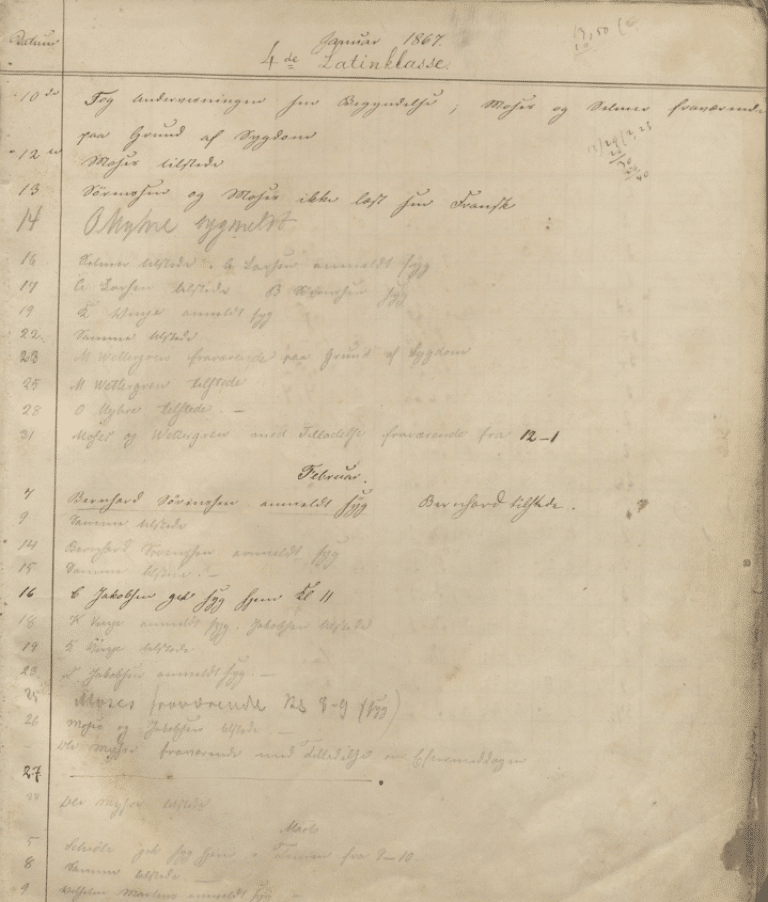Utsnitt fra første side av «Klassedagbok for 4de latinklasse 1867–70» med lærernes notater fra januar 1867 om oppstart av undervisningen, fravær og manglende forberedelser.