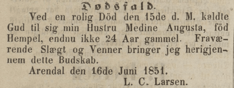 Utsnitt fra Christiania‑Posten 25. juni 1851 med en dødsnotis for L.C. Larsens kone, Medine Augusta, født Hempel.