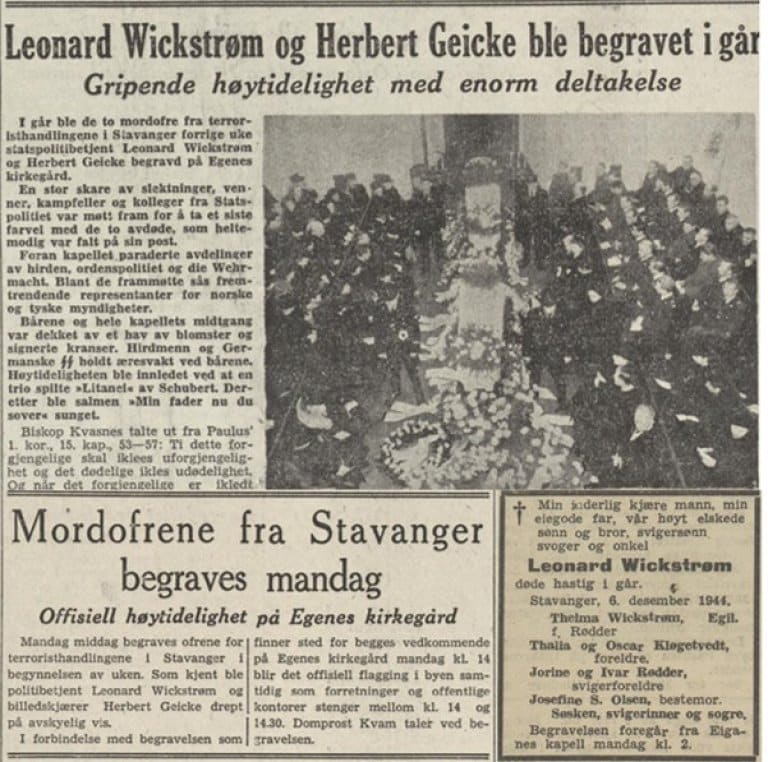 Avisoppslag om drapet på Leonard Wickstrøm, Stavanger Avis og Rogaland, desember 1944.