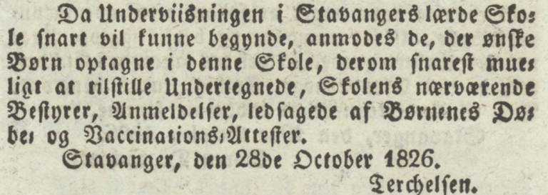 Avisoppslag i Christiansands Contoirs Addresse-Efterretninger som annonserer åpningen av Kongsgård skole i 1826.