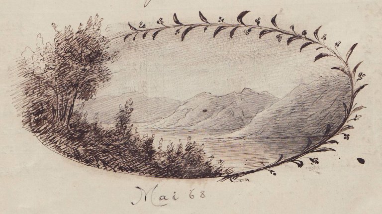 Boyes tegning av et landskap innrammet av blomster. Det er datert Mai 68. Dette er fra en klassejournal merket 3. fellesklasse B 1868-1871.