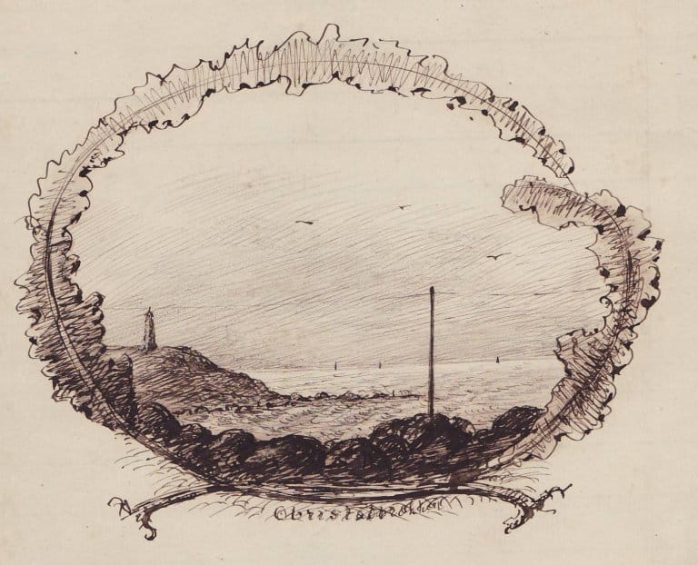 Boyes tegning av fyret på Obrestad i Hå, innrammet av to tangblad. Det er å finne i en klassejournal merket 3. fellesklasse B 1868-1871.