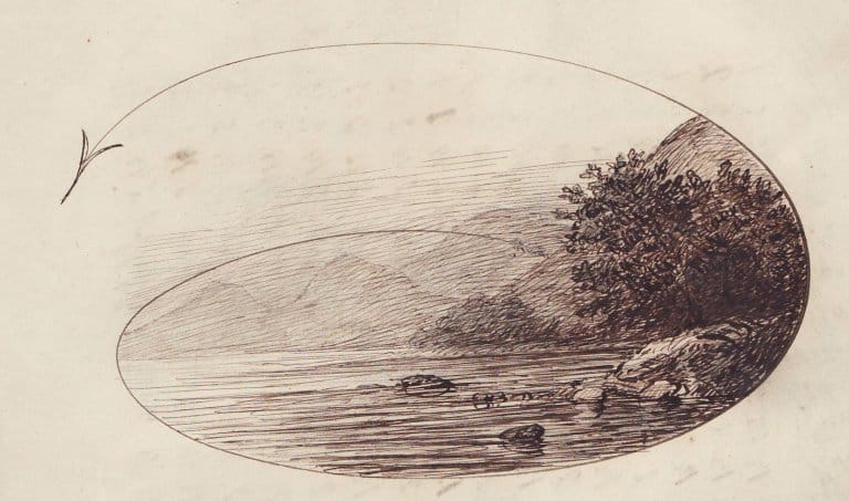 Boyes tegning av et landskap med fjell og vann i en klassejournal fra 1860-1870.