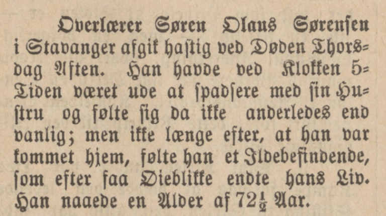 Utsnitt fra Lister og Mandals Amtstidende 12. august 1881 med dødsnotisen om overlærer Søren Olaus Sørensen, som døde brått etter et illebefinnende.