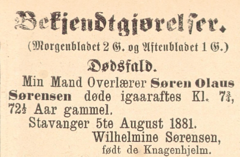 Utsnitt fra Stavanger Amtstidende og Adresseavis 5. august 1881 med dødsannonsen for overlærer Søren Olaus Sørensen.