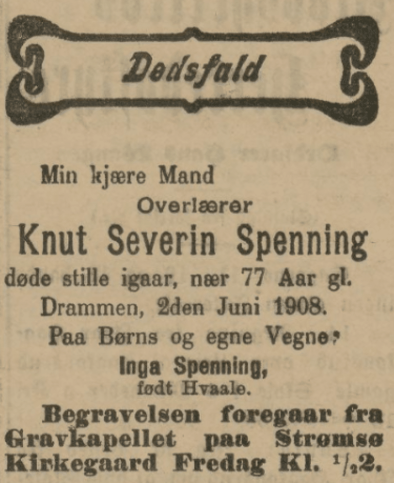 Utsnitt fra Buskerud Blad 5. juni 1908 med dødsannonsen for overlærer Knut Severin Spenning.