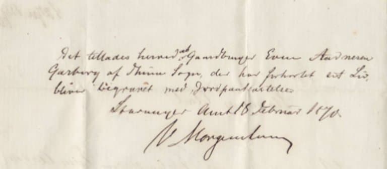 Brev frå amtmann Morgenstierne 14. februar 1870, med svar om gravferdspraksis for Eivind Garborg.