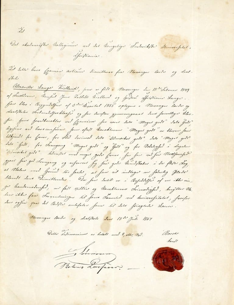Utsnitt av Alexander Kiellands testimonium fra 1867, med opplysninger om fødsel, skoleløp, hovedkarakterer og skolens vurdering av hans evner og fremtid ved universitetet.
