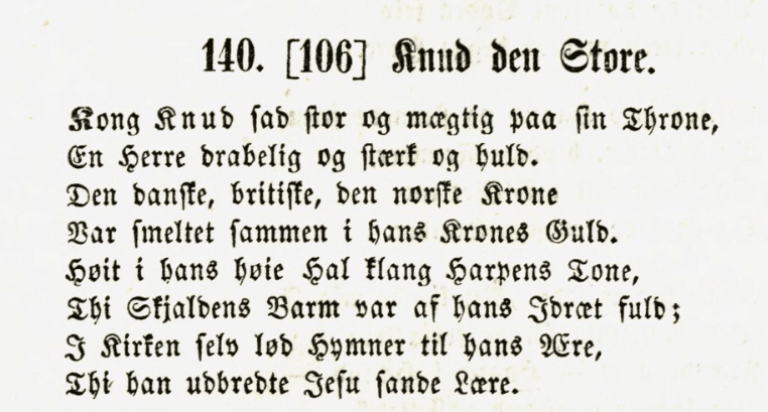 Utsnitt fra Jensens Læsebog med den første strofen av Oehlenschlägers dikt om Knud den Store.