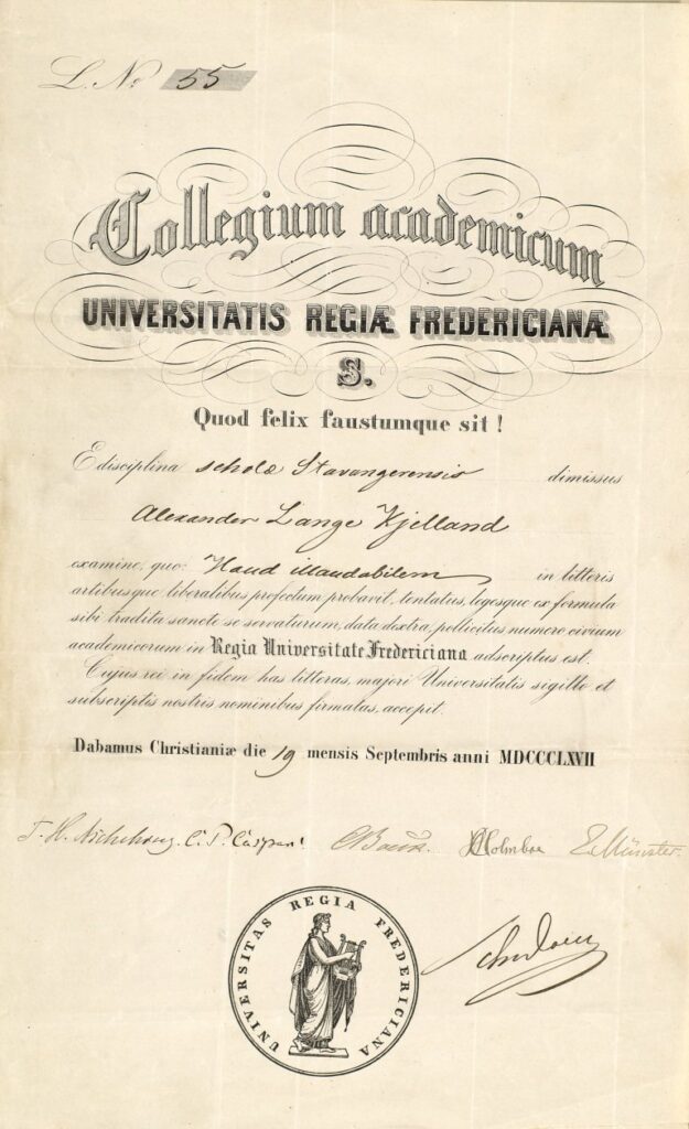 Utsnitt av Alexander Kiellands universitetvitnemål fra 1867, som viser at han fikk karakteren «Haud illaudabilem» til examen artium og signaturene fra sensorene.