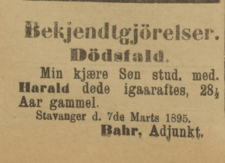 Dødsannonse i Stavanger Amtstidende og Adresseavis 8. mars 1895 for Harald Bahr, en av sønnene til adjunkt Bahr.
