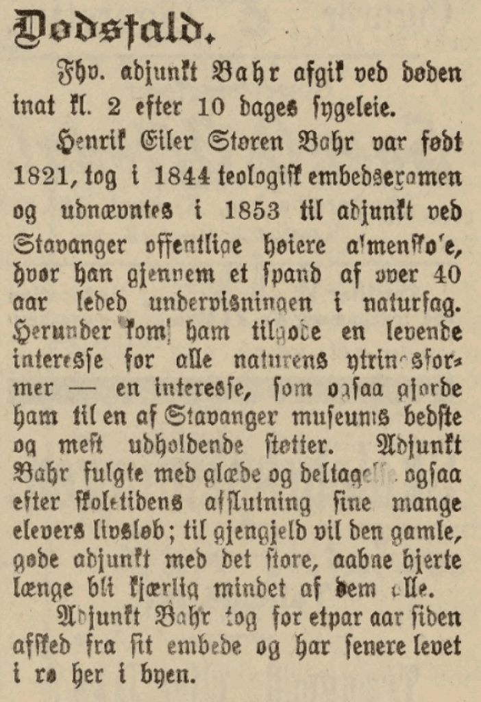 Utsnitt fra Stavanger Aftenblad 4. mars 1901 med en minneartikkel om adjunkt Bahr, der tidligere elever beskriver ham som en engasjert og avholdt lærer.