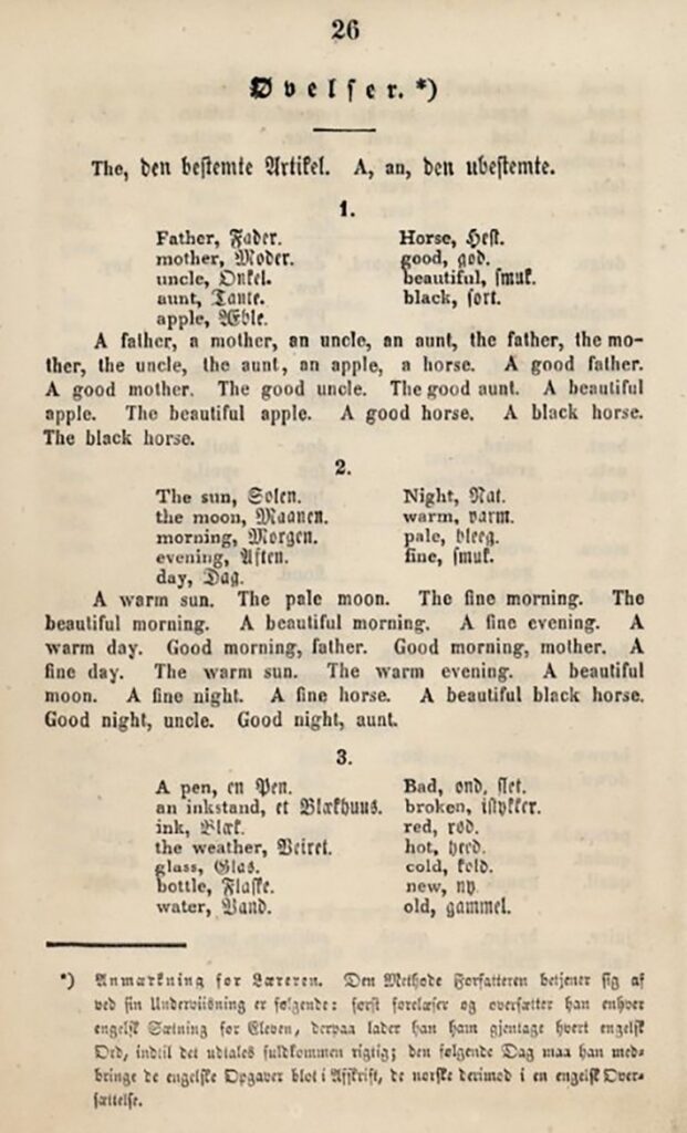 Side fra Hedleys lærebok i engelsk fra 1855 som viser den første øvelsen, med en kommentar nederst om lærermetoden. Den beskriver forelesning, gjentakelse og oversettelse mellom engelsk og norsk.