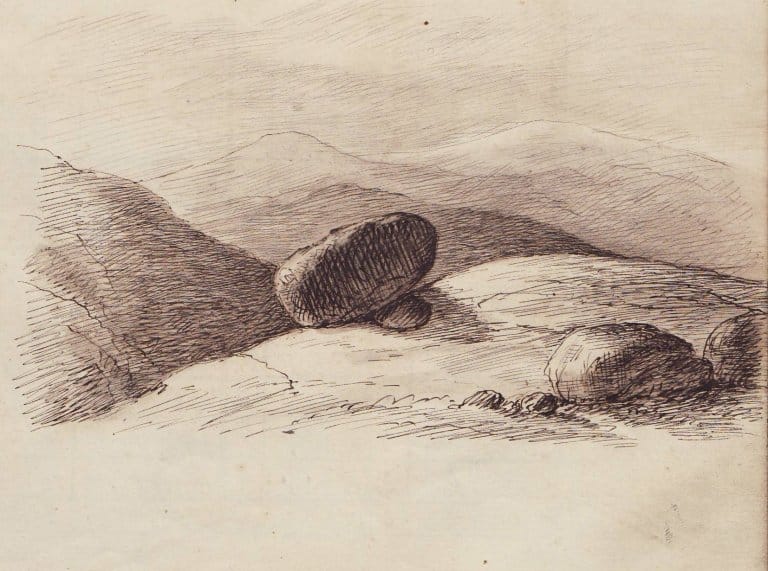 Boyes tegning av et landskap med stein på fjell i en klassejournal fra 1860-1870.
