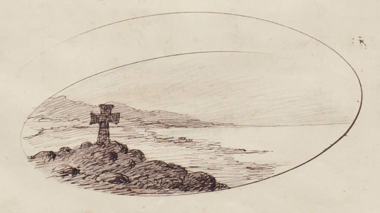 Boyes tegning av et landskap med et kors i en klassejournal fra 1860-1870.