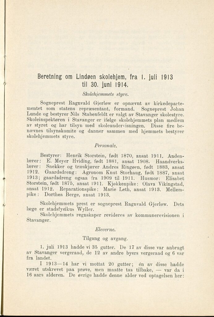 Første side av årsberetningen for Lindøy skolehjem 1913/1914.