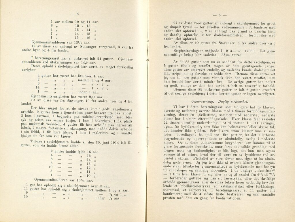 To sider av årsberetningen for Lindøy skolehjem 1913/1914 med informasjon om guttene og om undervisningen.