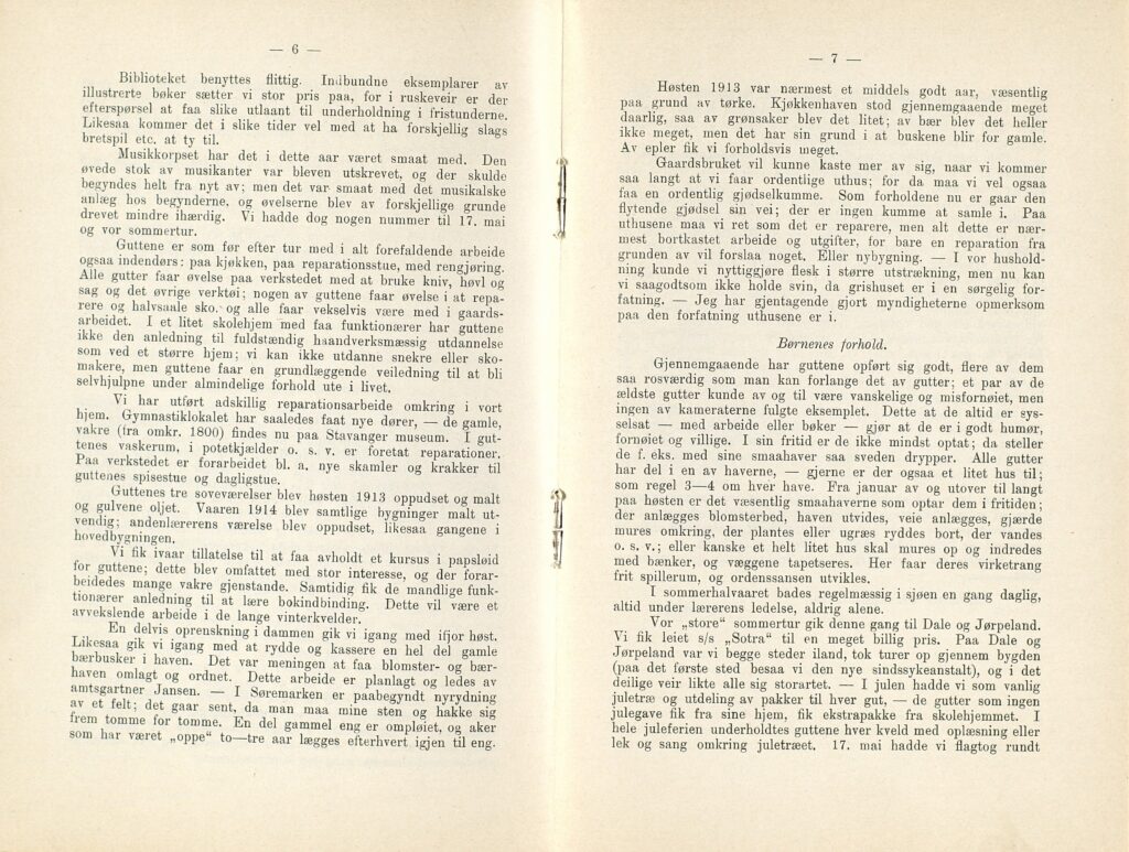 To sider av årsberetningen for Lindøy skolehjem 1913/1914 med informasjon om undervisning og dagligliv samt utflukter.