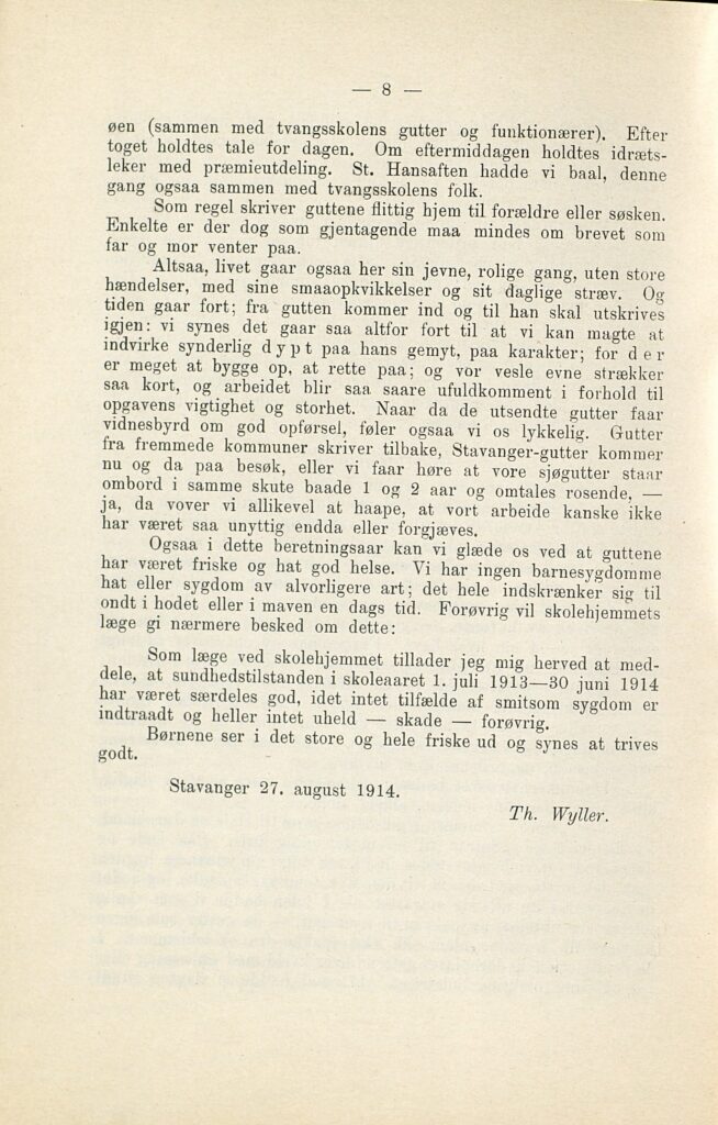 Siste side av årsberetningen for Lindøy skolehjem 1913/1914.