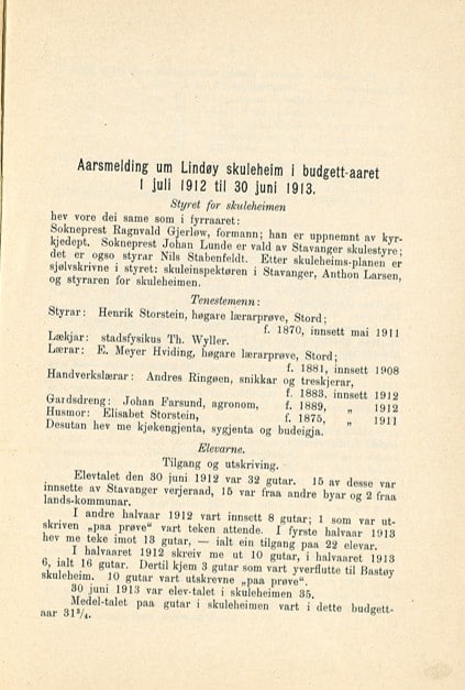 Første side av årsmeldingen om Lindøy skolehjem 1912/1913.
