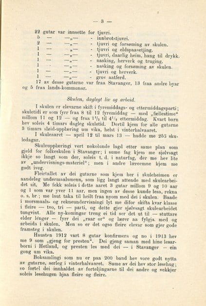 Tredje side av årsmeldingen om Lindøy skolehjem 1912/1913.