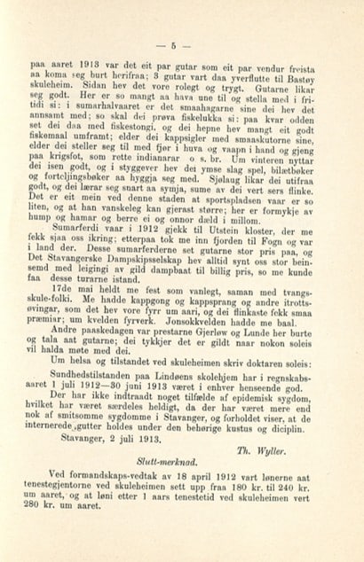 Femte side av årsmeldingen om Lindøy skolehjem 1912/1913.