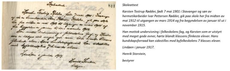Bestyrerens attest om Karsten i 1917.