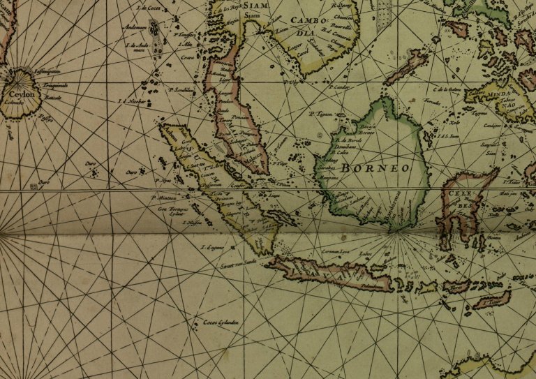 Batavia. Utsnitt fra et kart over Oost Indien fra 1669 viser Batavia på øya Java. (Kilde: "De Zee – Atlas of Water – Welt, Hendrick Doncker, Amsterdam 1669". Statsarkivet i Trondheim)