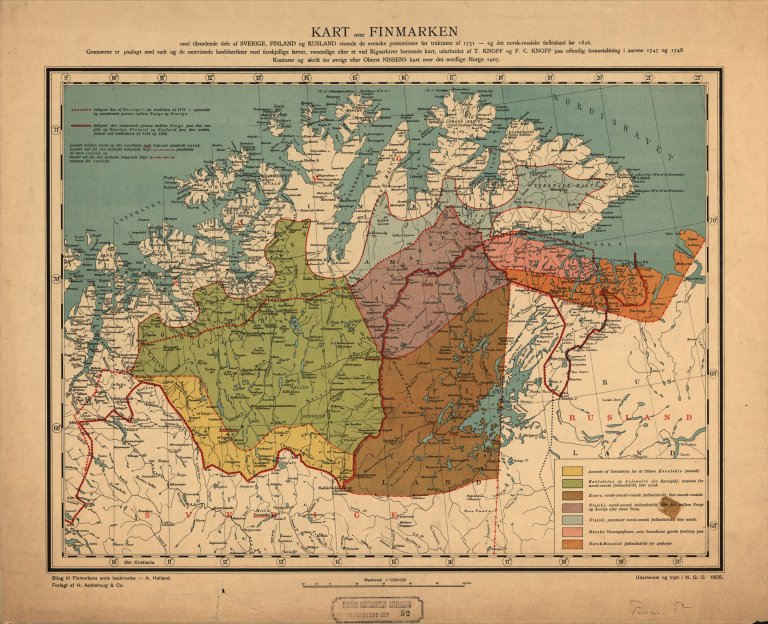 Kart over Finnmark 1905: Kartverket (Norges Geografiske Oppmåling), Finmarkens amt nr. 52, litografi, karttegner ukjent, utgitt av H. Aschehoug og Co. Fargene i kartet refererer til grenseområder der det var tvist mellom Norge, Sverige, Finland eller Russland om grenselinjene.
