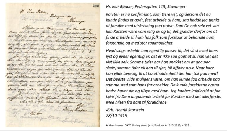 Brev fra bestyrer Storstein til Ivar Rødder.