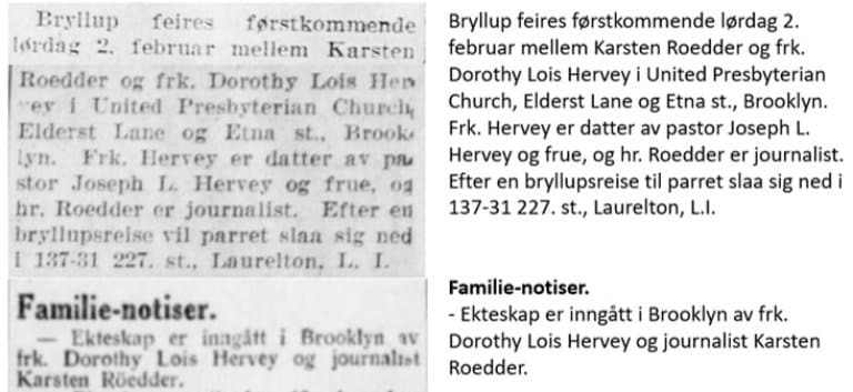 Fotomontasje av avisnotisene i Nordisk Tidende og Stavanger Aftenblad om Karstens kommende giftermål med Dorothy Lois Hervey.