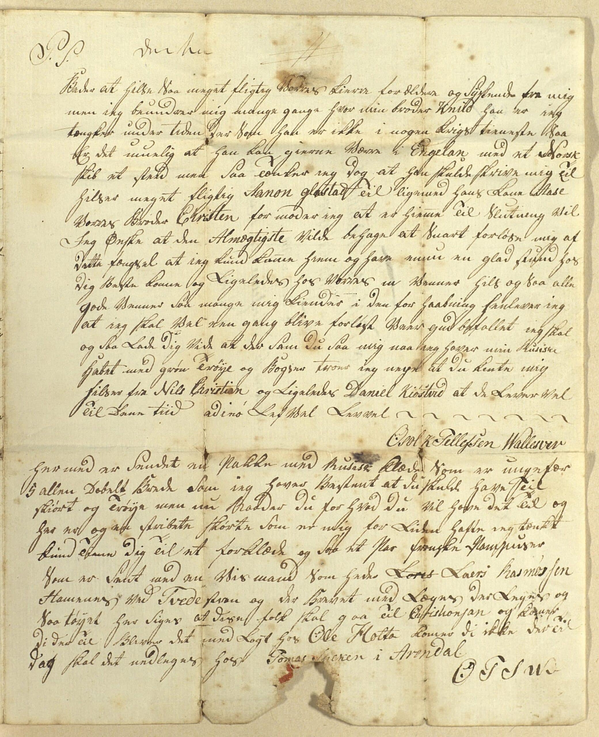 Krigsfange Osul Tellefsen Vallesverd skrev til kona Karen Andersdatter i 1809 da han satt på fangeskipet «Prothée» i Portsmouth.