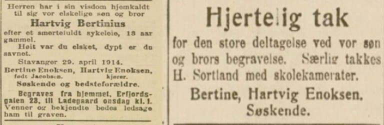 Fotomontasje av døds- og takkeannonse. Kilde: Stavanger Aftenblad, 2. og 7. mai 1914.
