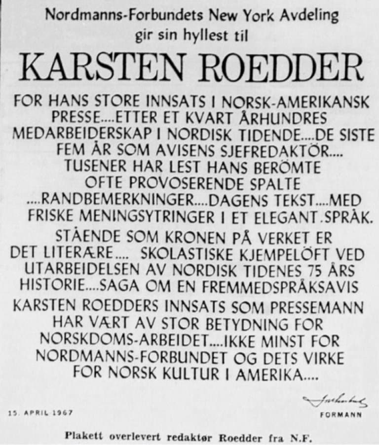 Nordmanns-Forbundets New York-avdeling sin plakett over Karsten Roedder (1967).