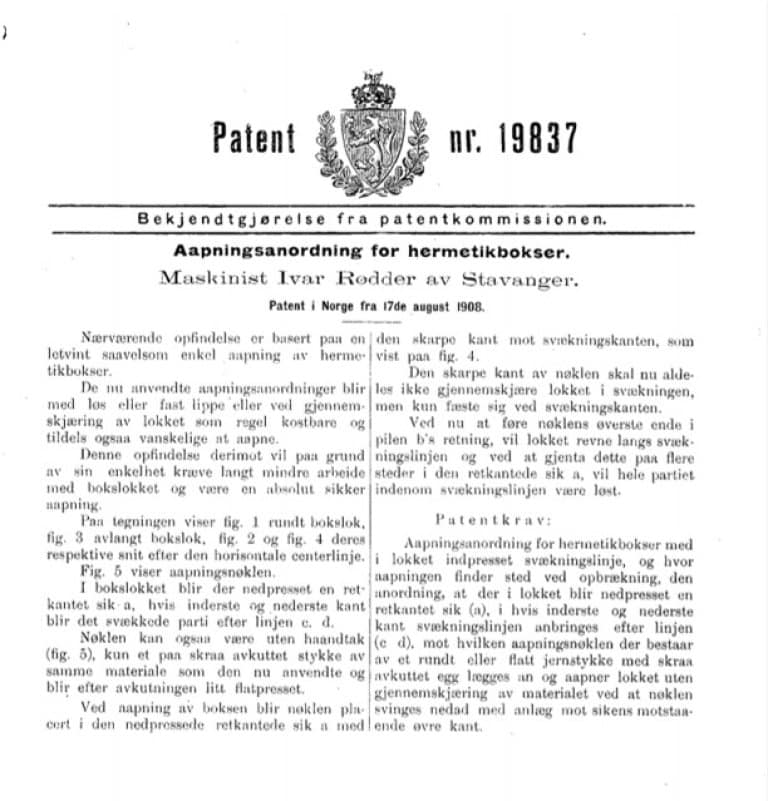 Skannede illustrasjoner av Ivar Rødders patent på åpningsanordning for hermetikkbokser, 17. august 1908.