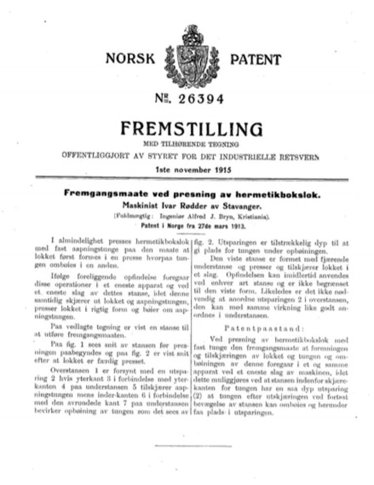 Skannede illustrasjoner av Ivar Rødders patent på fremgangsmåte ved presning av hermetikkbokslokk, offentliggjort av styret for det industrielle rettsvesen 1. november 1915.