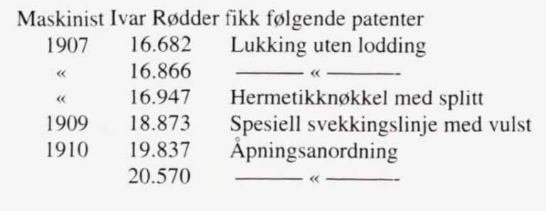Oversikt over Ivar Rødders patenter i Blad av hermetikkindustriens historie.