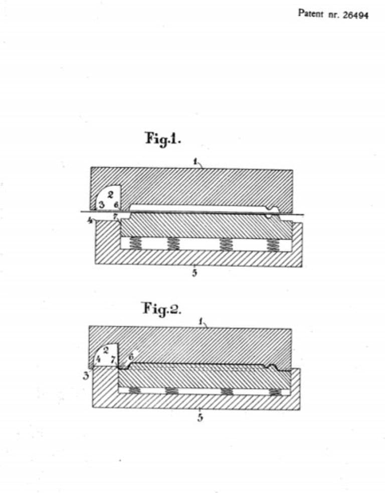 Skannede illustrasjoner av Ivar Rødders patent på fremgangsmåte ved presning av hermetikkbokslokk, offentliggjort av styret for det industrielle rettsvesen 1. november 1915.