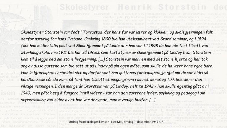 Nekrolog over Henrik Storstein, trykt i 1947.
