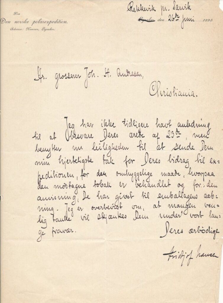 Takkebrev fra Nansen til Johan Henrik Andresen (Riksarkivet, Privatarkiv 0614, Johan Henrik Andresen, Fb3).