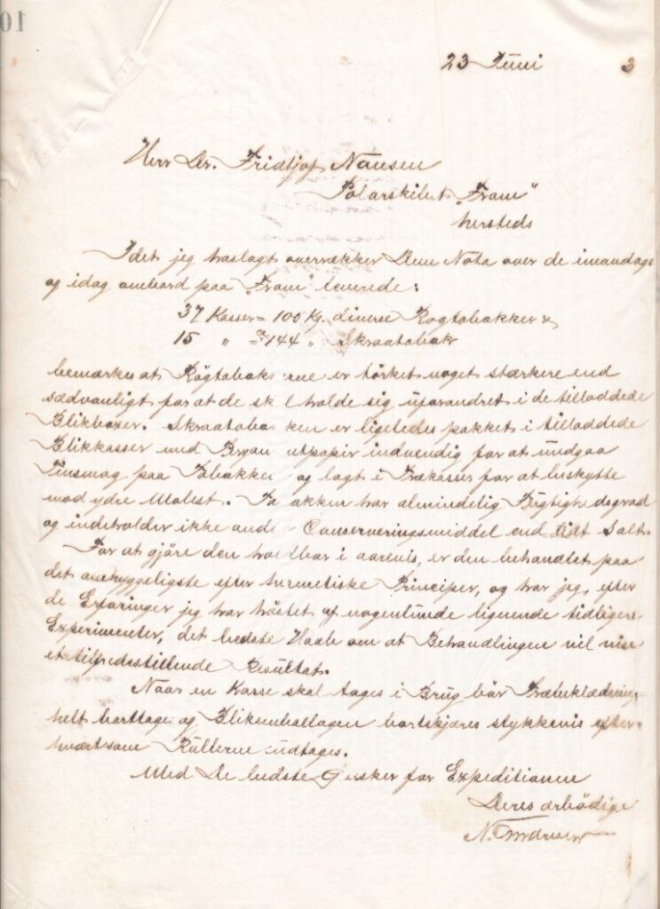 Brev fra Tiedemann til Nansen (Riksarkivet, Privatarkiv 0331, J.L. Tiedemanns Tobaksfabrik, Ba42).